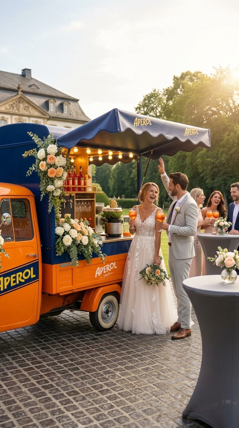 apeRENTivo Aperol Ape Mobile Bar mit Brautpaar bei einer Hochzeit